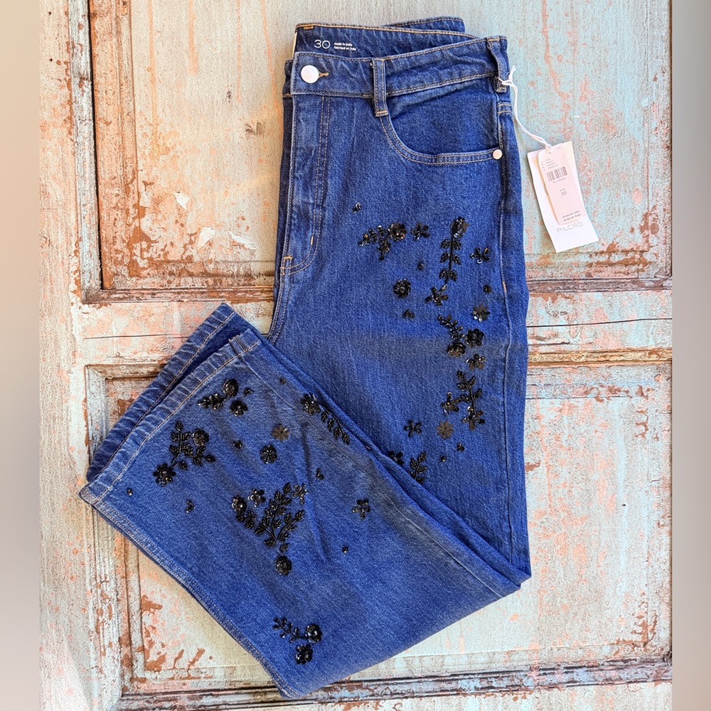 Anthropologie Sequined Embellished Annie High Rise Straight Leg Ankle Jeans